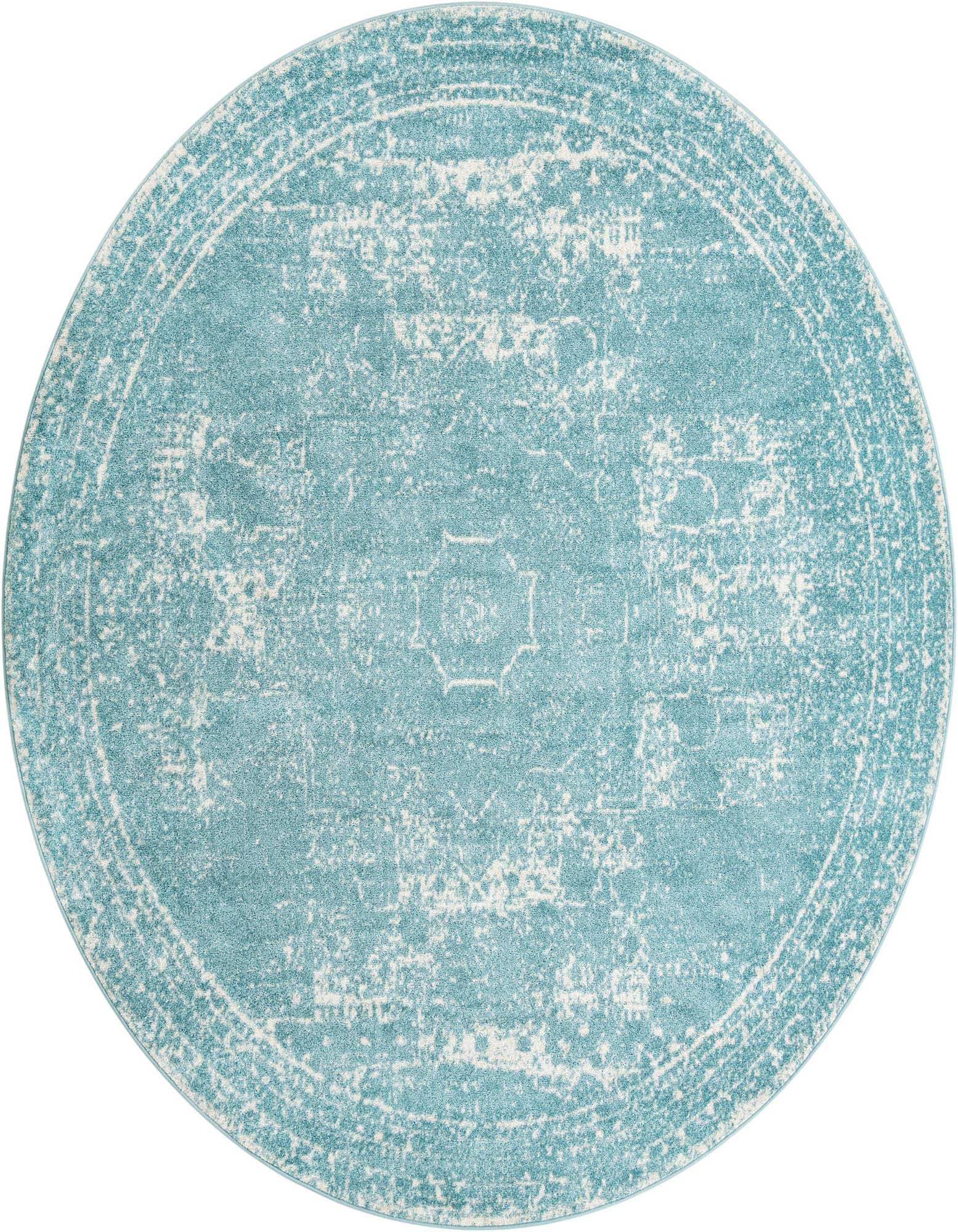 A 10-foot round blue and white distressed area rug with a faded medallion pattern and border.