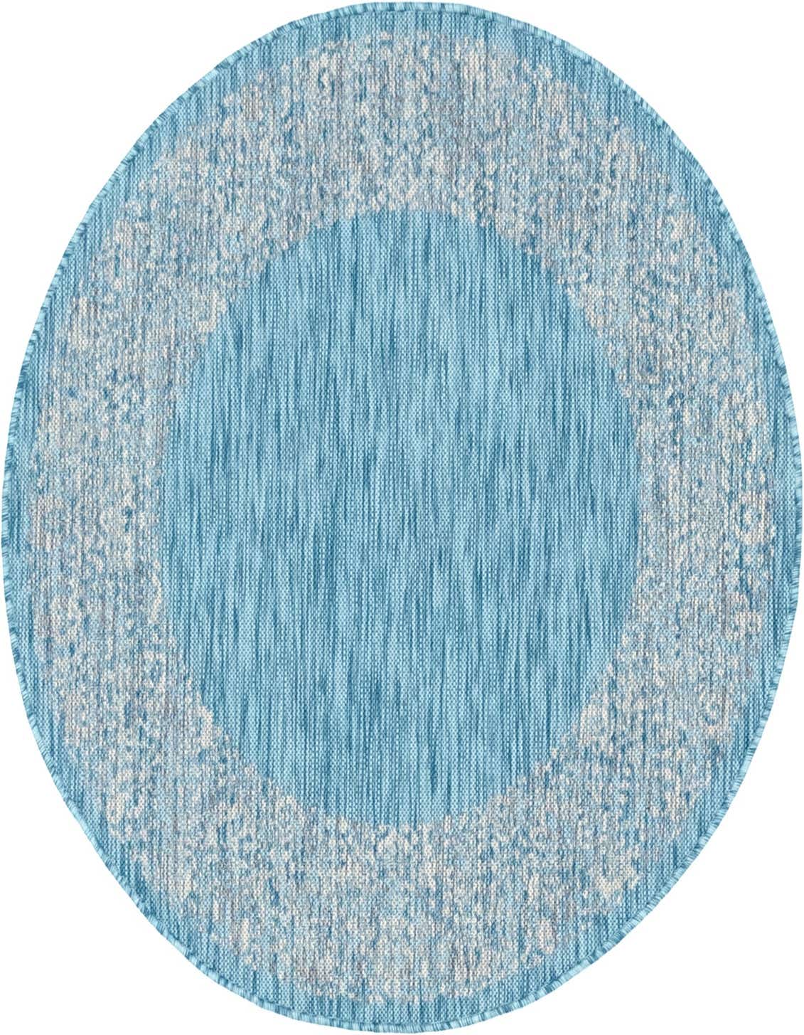A round blue indoor/outdoor rug with a textured light blue border, ideal for a patio or sunroom.