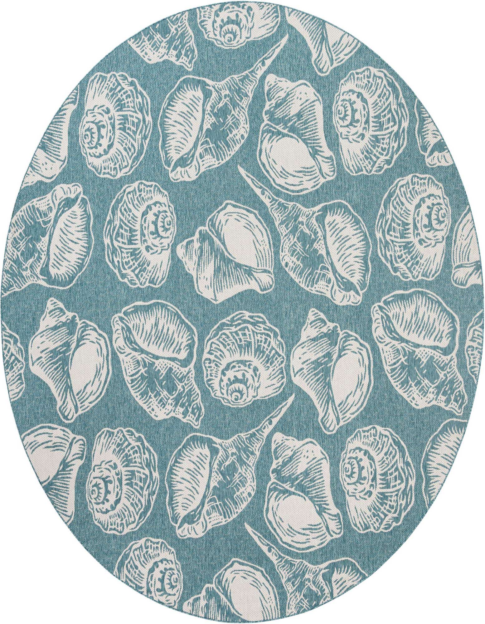 A round 12' blue indoor/outdoor rug with a white seashell pattern, perfect for a patio or beach-themed room.