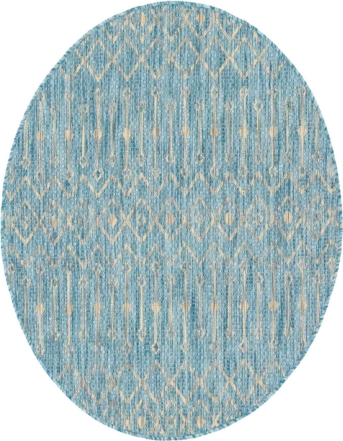 A 4' round blue indoor/outdoor rug with a light beige geometric tribal pattern, ideal for a patio.