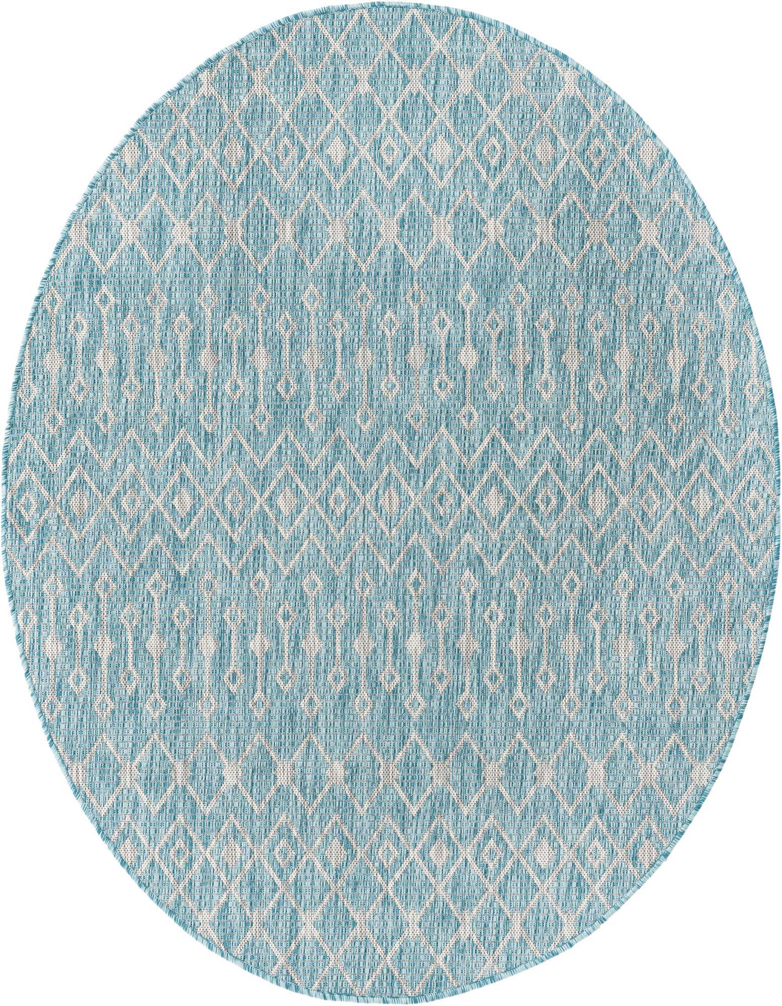 A round 5'3" blue and cream tribal patterned rug with a flatweave texture, suitable for indoor or outdoor use.