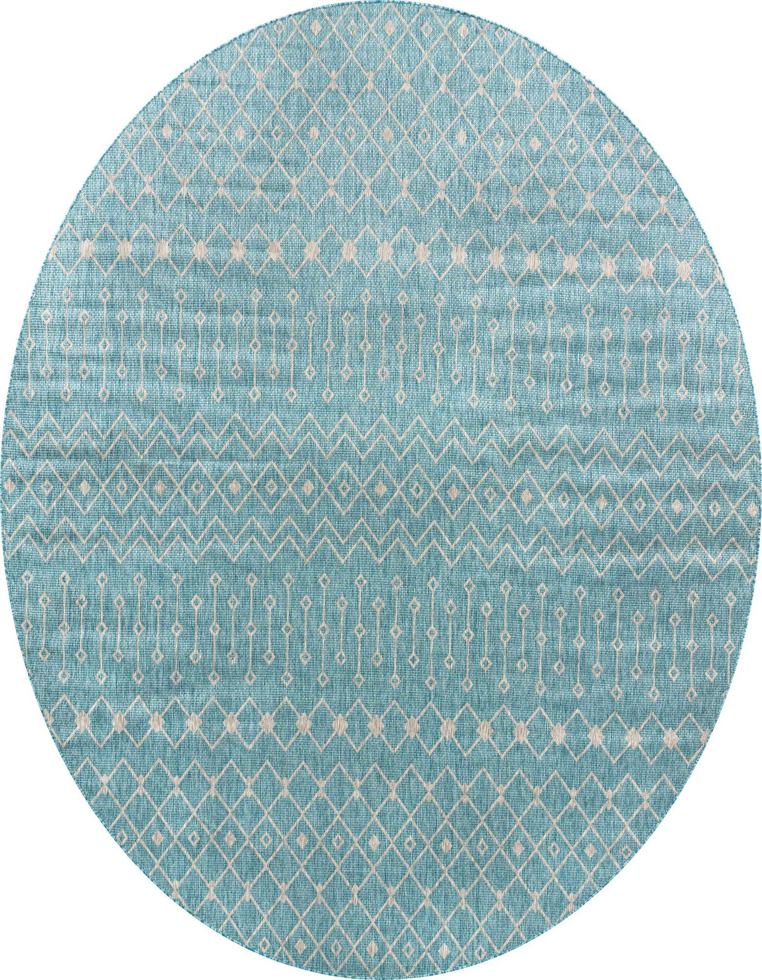 A 13' round blue indoor/outdoor rug with a modern tribal pattern of cream diamonds and vertical dashes.