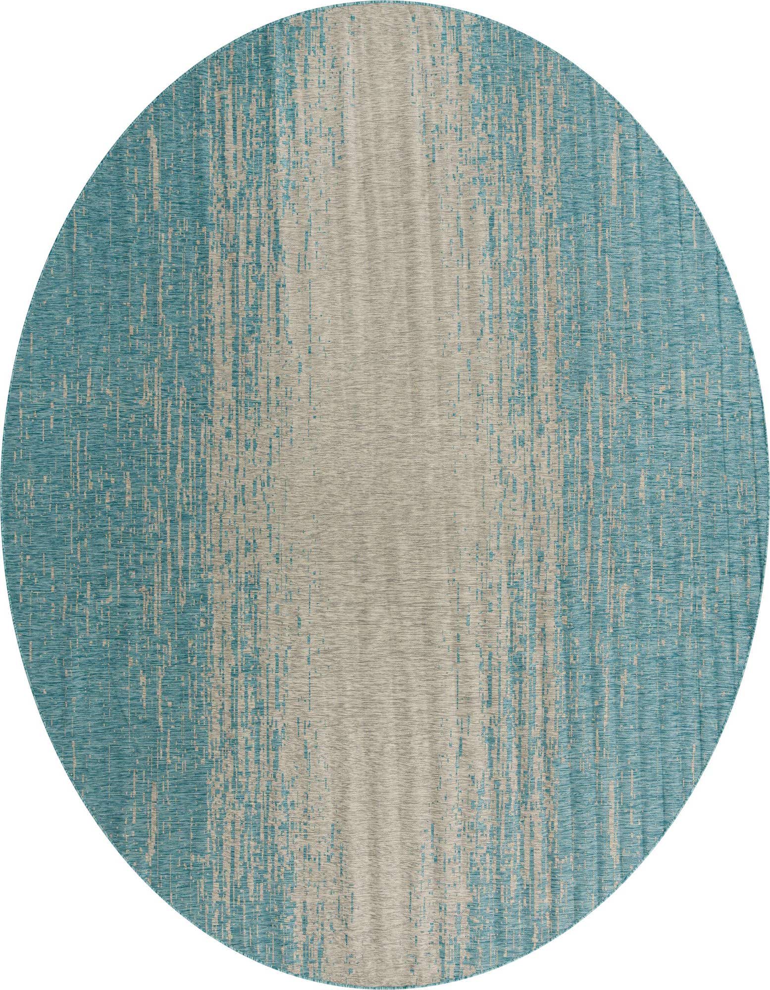 A 13' round blue and beige modern outdoor rug with a distressed, painterly stripe pattern.