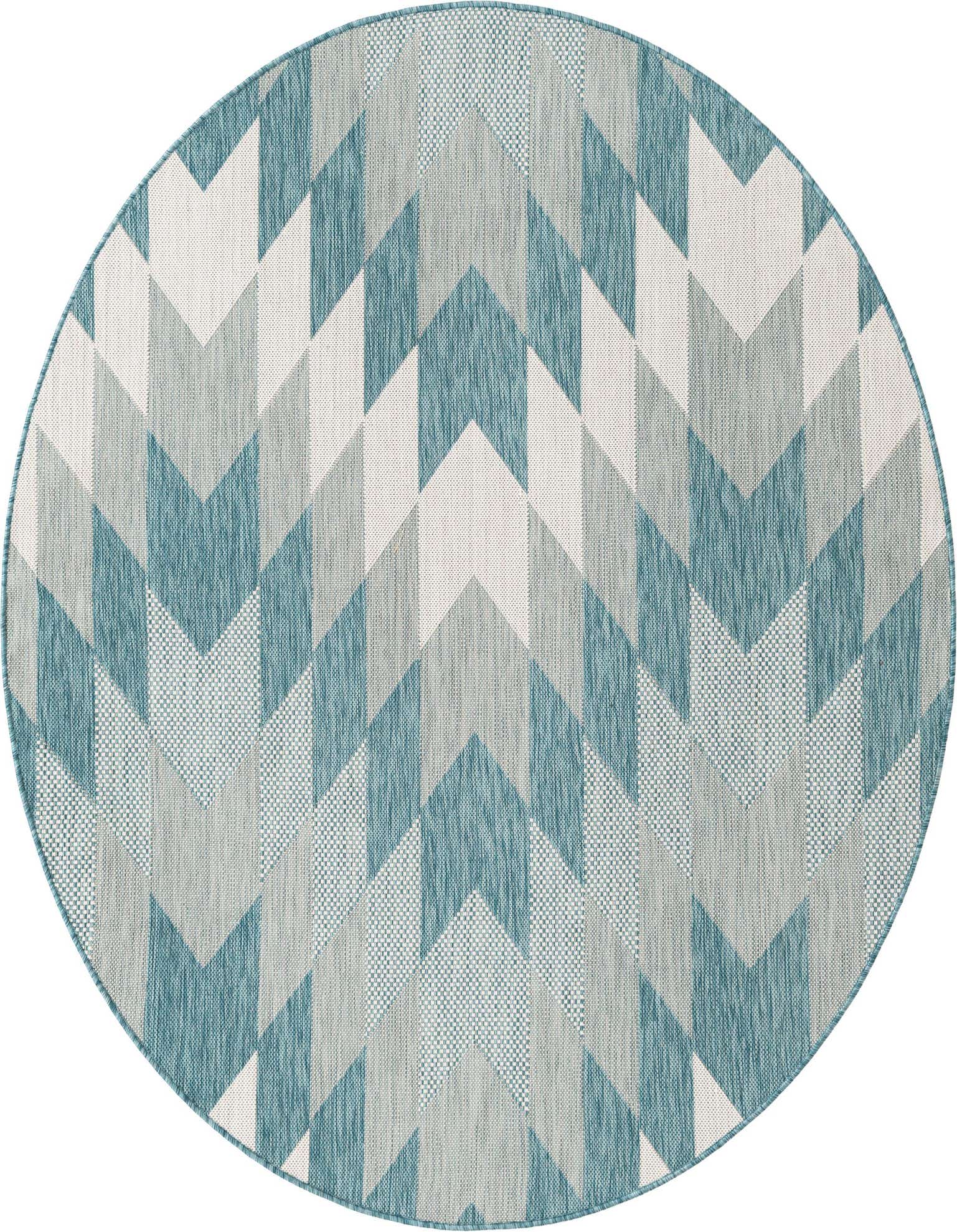 A 6' round blue, grey, and white tribal geometric rug with a flatweave texture, suitable for indoor or outdoor use.