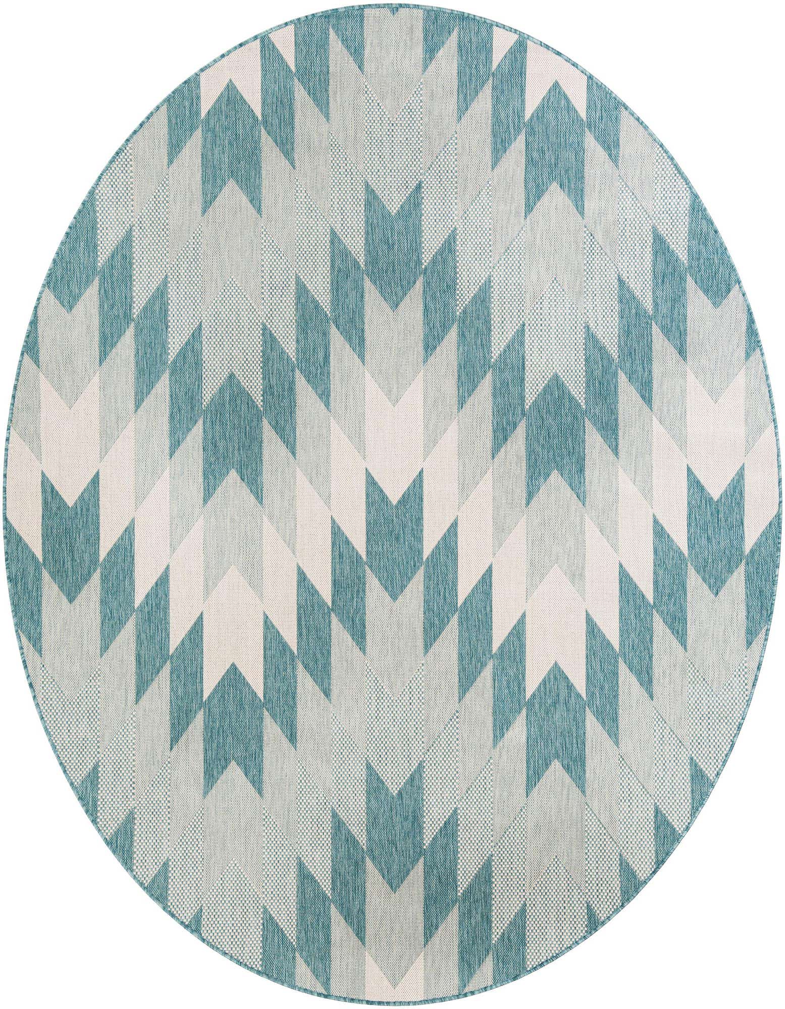 A round blue, teal, and off-white indoor/outdoor rug with a modern Southwestern geometric pattern, ideal for a patio.