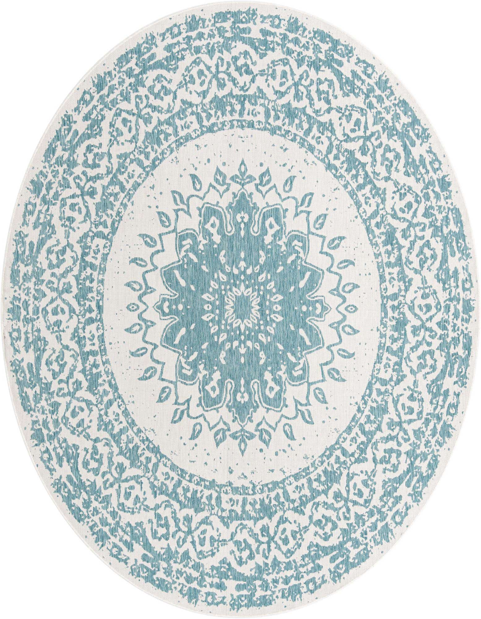 A 10-foot round blue and white medallion rug with a distressed vintage pattern, suitable for indoor or outdoor use.