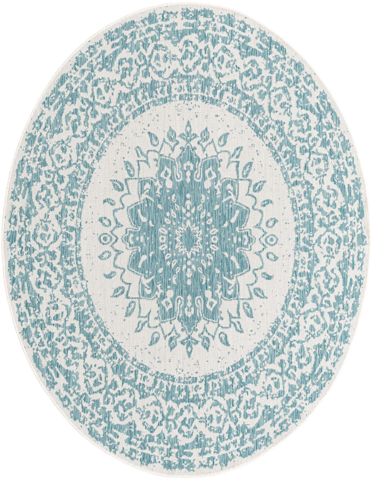 A 6' 0 x 6' 0 round blue and white vintage medallion rug, ideal for indoor or outdoor use.