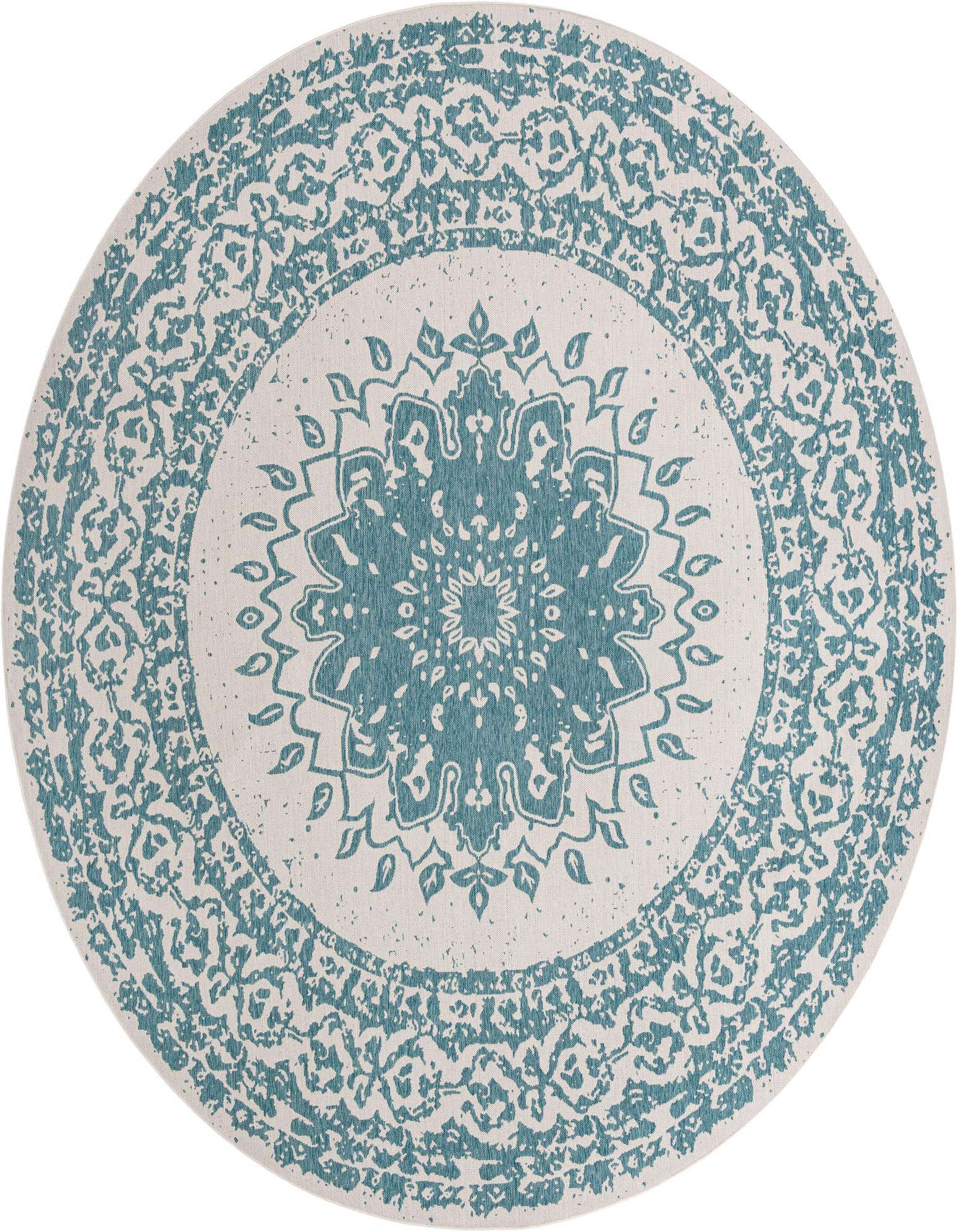 A 13' round blue and white modern outdoor rug with a central medallion and intricate border pattern.