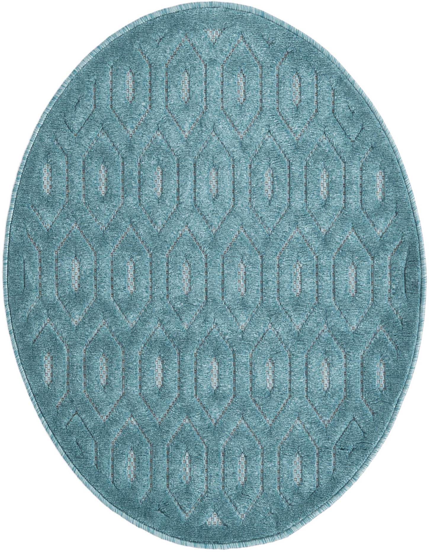A 3' round blue polypropylene rug with a modern textured geometric pattern, suitable for indoor or outdoor use.