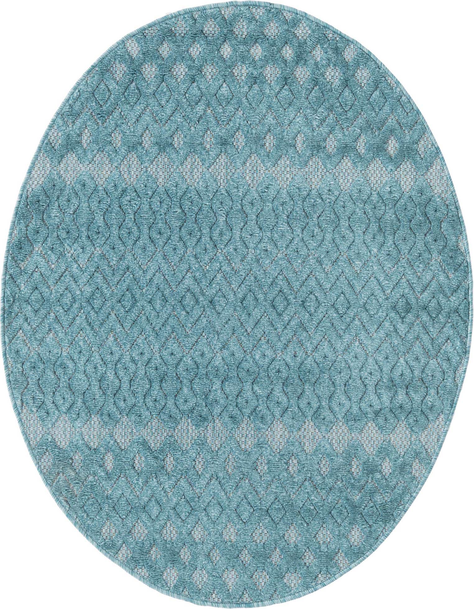 A 4' round blue tribal trellis rug with a textured high-low pile, suitable for indoor or outdoor use.