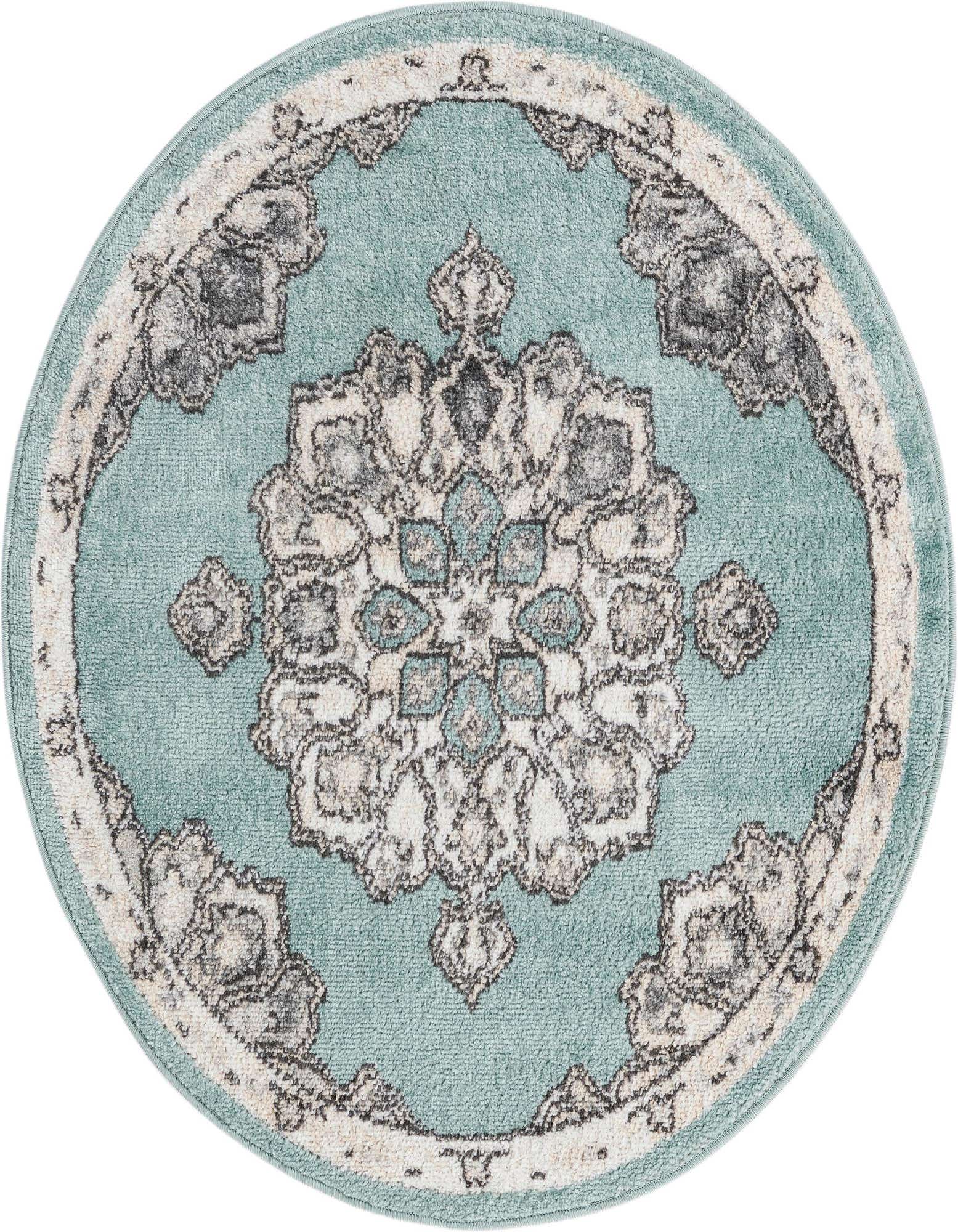 A 3' 3 round blue rug with a traditional medallion pattern in cream, grey, and light blue, featuring a thin pile.