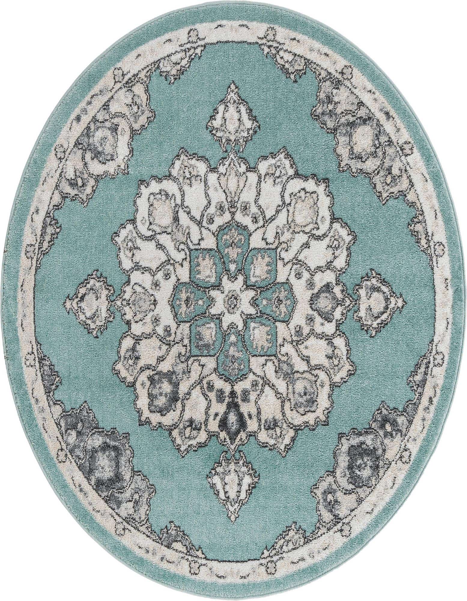 A round 5' 0 x 5' 0 blue rug with a traditional botanical medallion pattern in cream and gray.