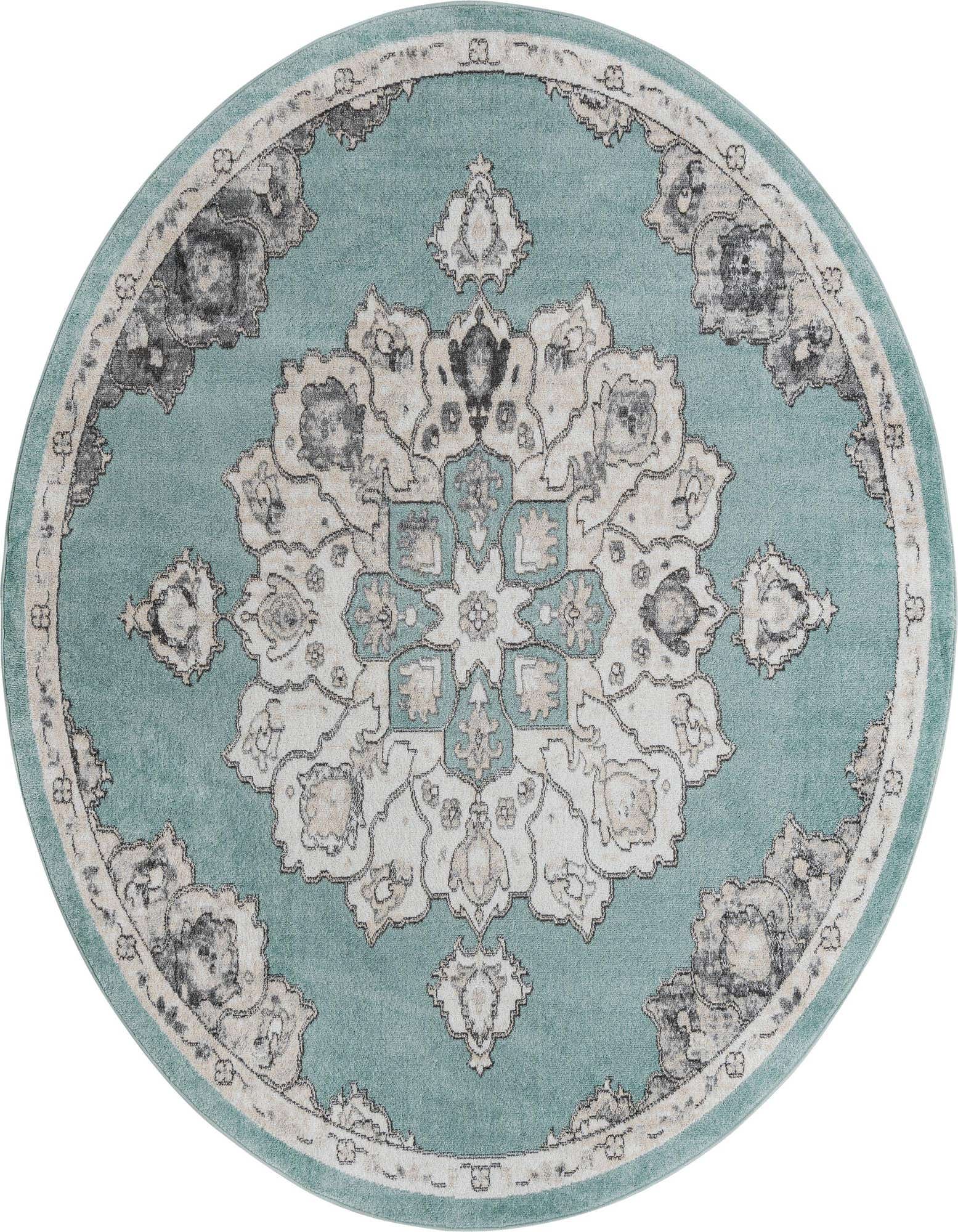 A round 7' 10 blue traditional rug with a central medallion and botanical patterns in cream, grey, and teal.