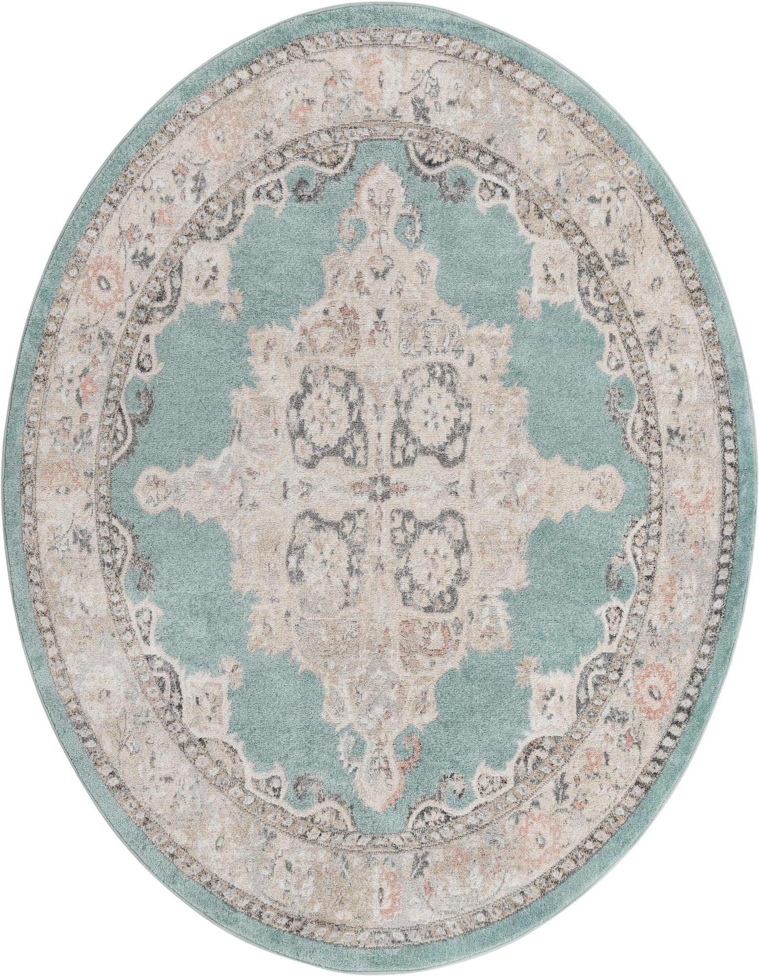 A 7' 10 round blue traditional rug with a vintage medallion pattern in cream and subtle peach accents.