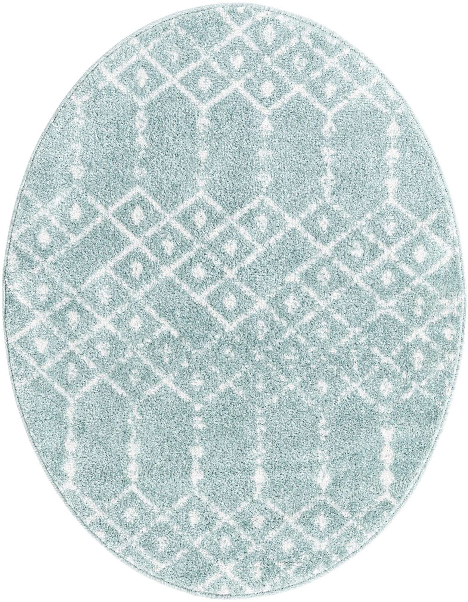A 3' 0 x 3' 0 round blue rug with a white modern tribal trellis pattern, suitable for indoor spaces.