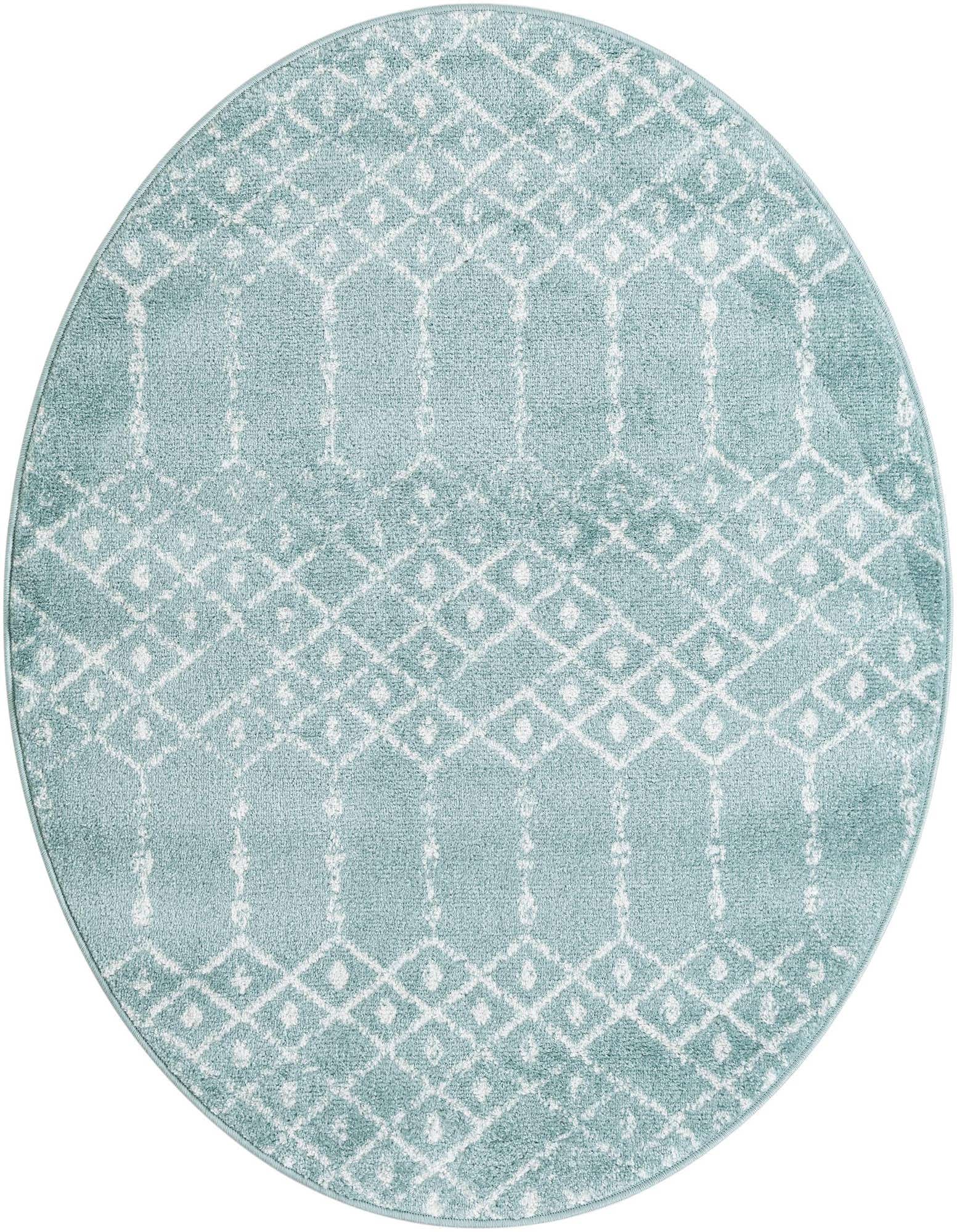 A round 4'1" blue and white tribal trellis rug with a thin pile, perfect for an indoor living space.