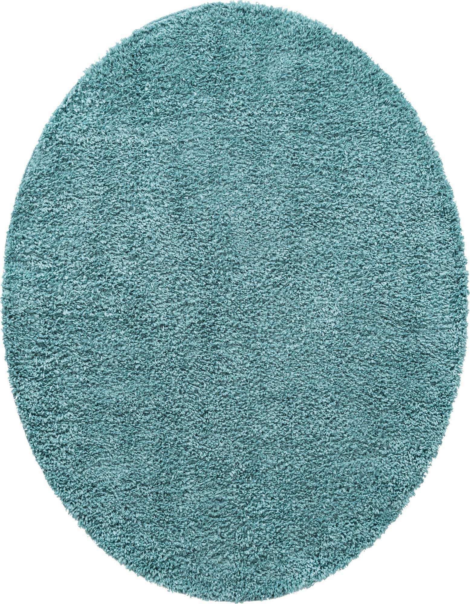 A soft, plush 6' 7 round shag rug in a calming blue color, perfect for adding comfort to any indoor space.