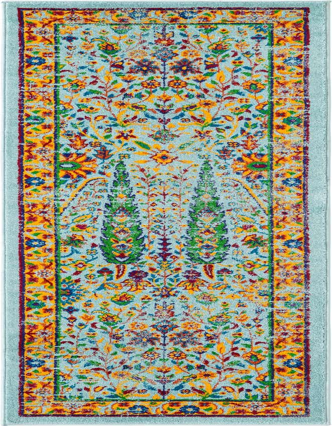 A 6 ft runner rug with a light blue background and a vibrant, multicolored transitional medallion pattern, ideal for a hallway or kitchen.