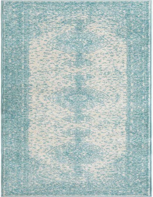 A 10 ft runner rug in shades of blue and cream, featuring a distressed traditional pattern, ideal for a hallway.