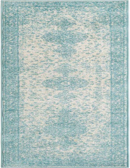 A long, thin 8 ft runner rug in shades of blue and cream, featuring a distressed geometric pattern, perfect for a hallway or kitchen.