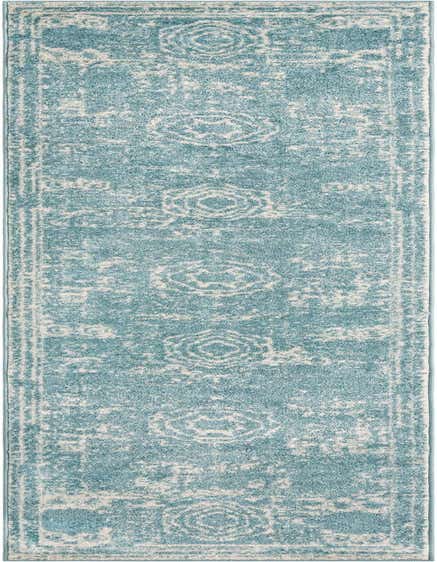 A 12 ft blue runner rug with a distressed white medallion pattern, ideal for a hallway or patio.