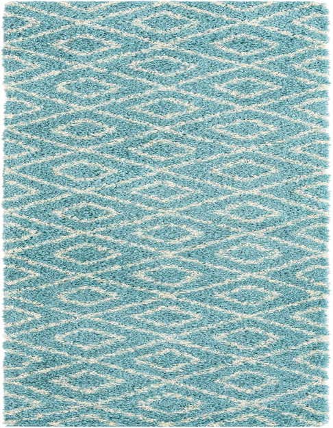 A 12 ft runner rug with a textured high/low pile, featuring a modern blue and off-white lattice pattern.