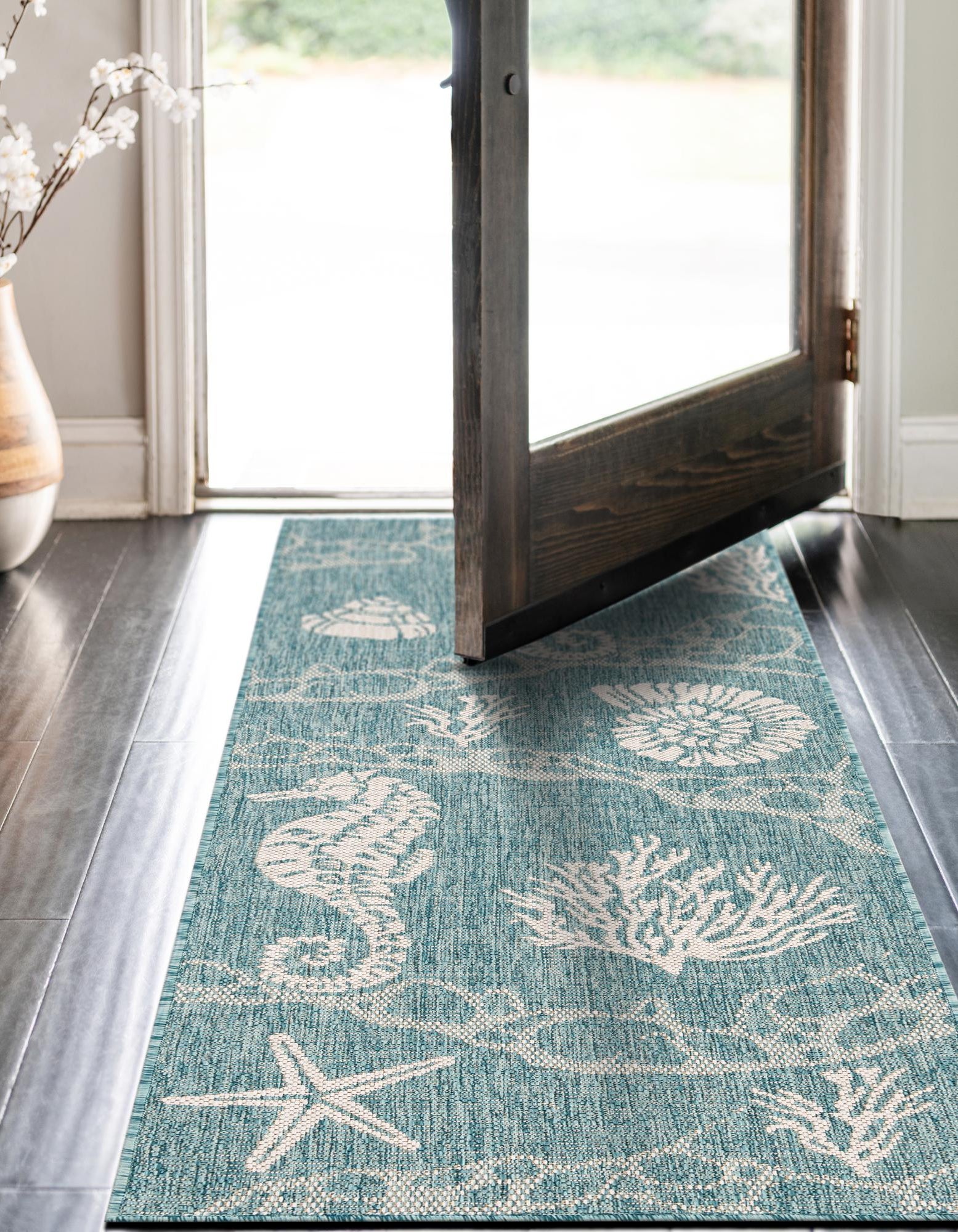 Aqua 2' x 5' Coastal Indoor / Outdoor Runner Rug | Rugs.com