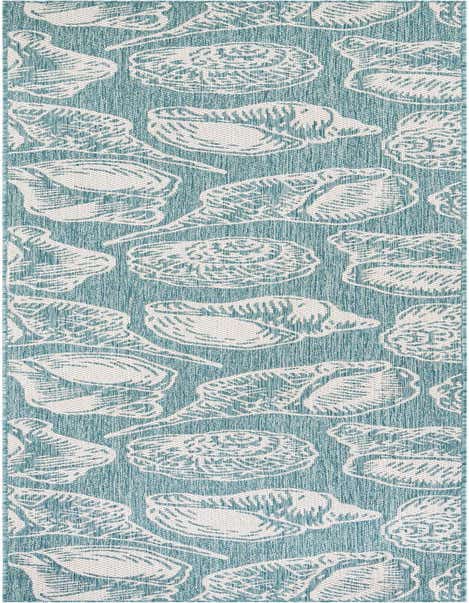A 12 ft blue runner rug with a white seashell pattern, suitable for a hallway or patio.