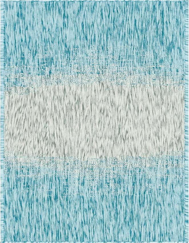 A 6 ft runner rug with an ombre design, transitioning from light blue to a central white band, then back to light blue.