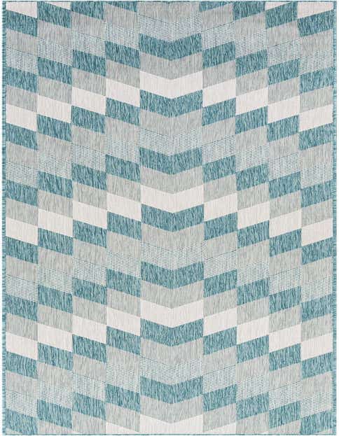 A 12 ft runner rug with a modern geometric pattern in varying shades of blue and white, suitable for a hallway or patio.