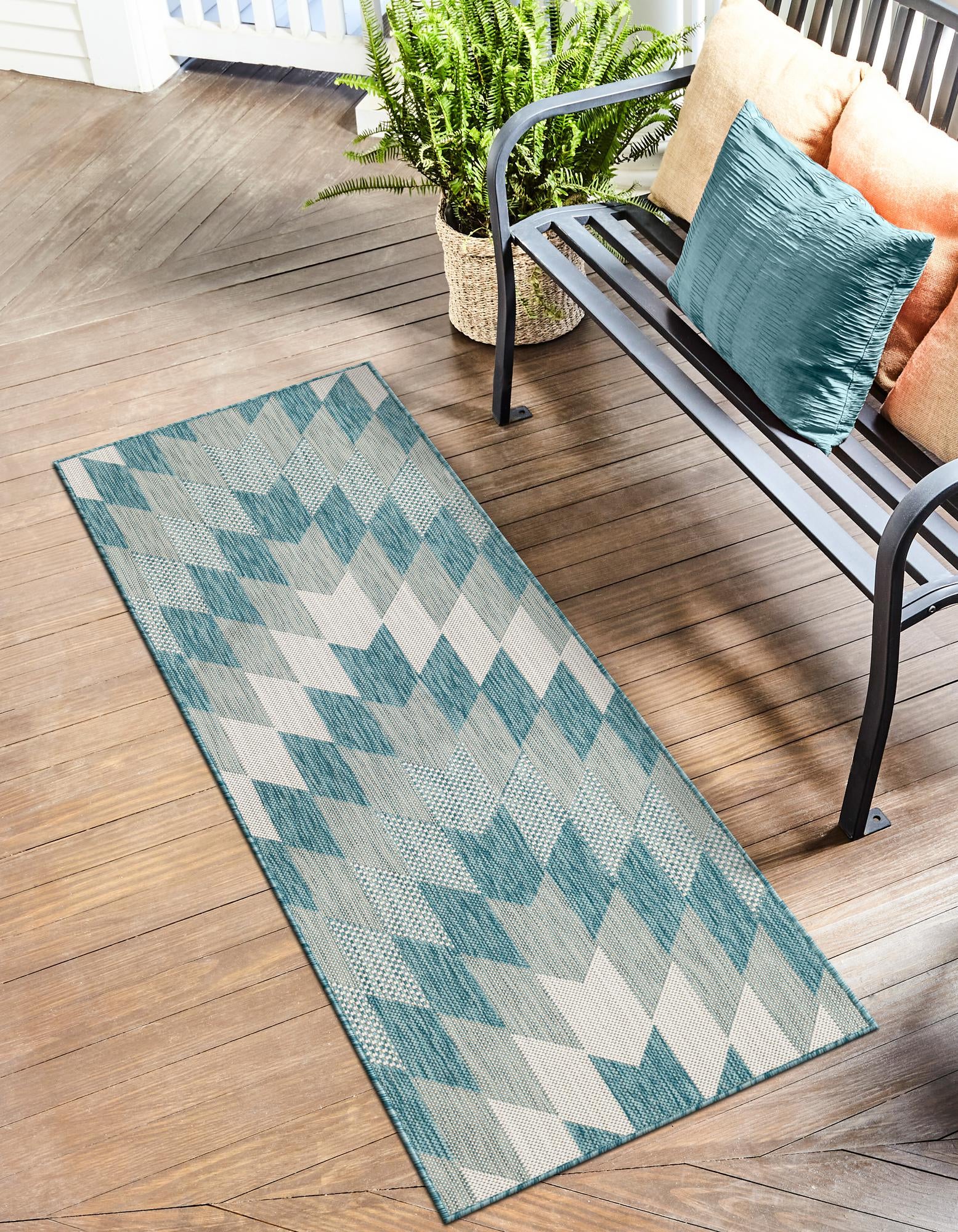 Aqua 2' 7 x 12' Modern Outdoor Runner Rug | Rugs.com