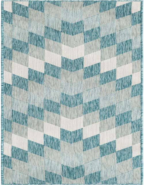A blue and white 8 ft runner rug with a modern Southwestern chevron pattern, perfect for a hallway or patio.