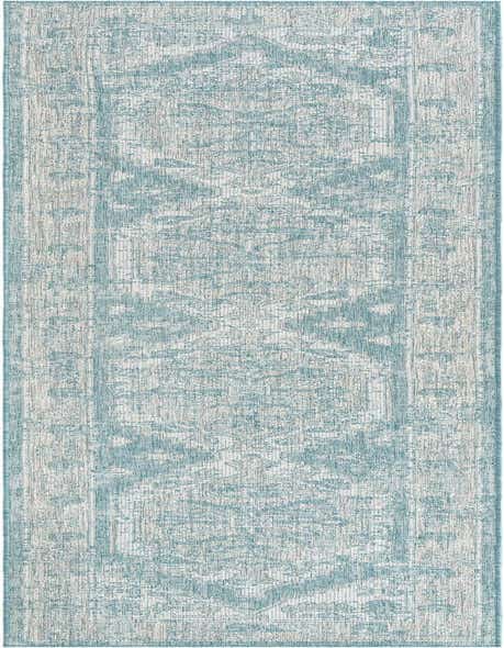 A 12 ft blue and white Southwestern runner rug with a distressed traditional pattern, ideal for a hallway or patio.