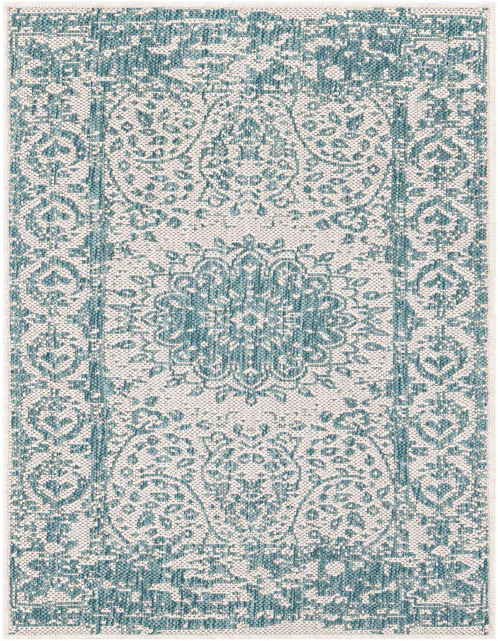 A 4 ft runner rug in shades of blue and off-white, featuring a traditional medallion and border pattern, suitable for a hallway or patio.