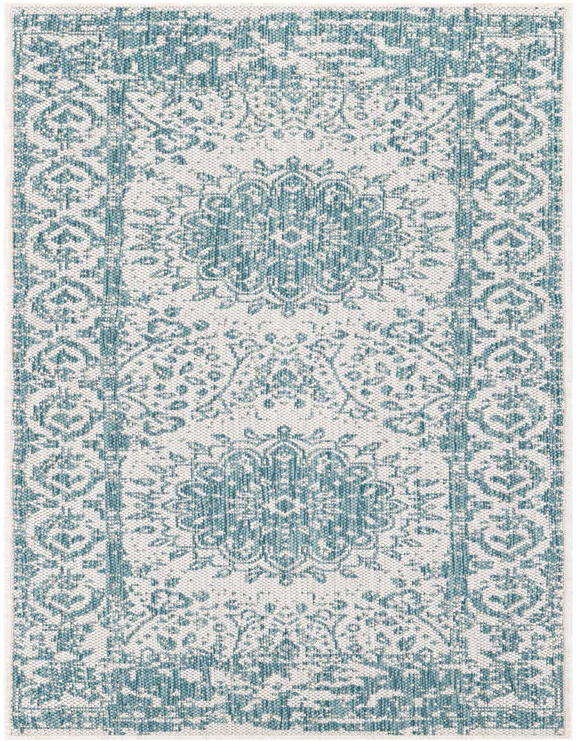 A 5 ft runner rug featuring a distressed blue medallion and traditional pattern on a light background, suitable for hallways or patios.