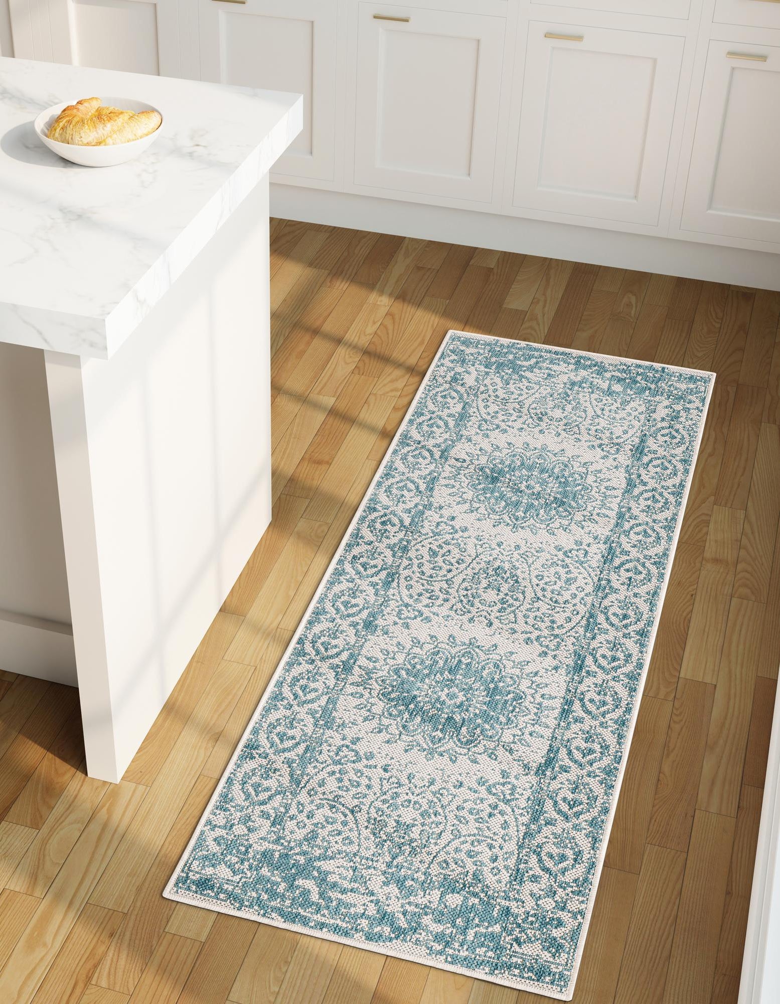 Aqua 2' 7 x 12' Traditional Indoor / Outdoor Runner Rug | Rugs.com