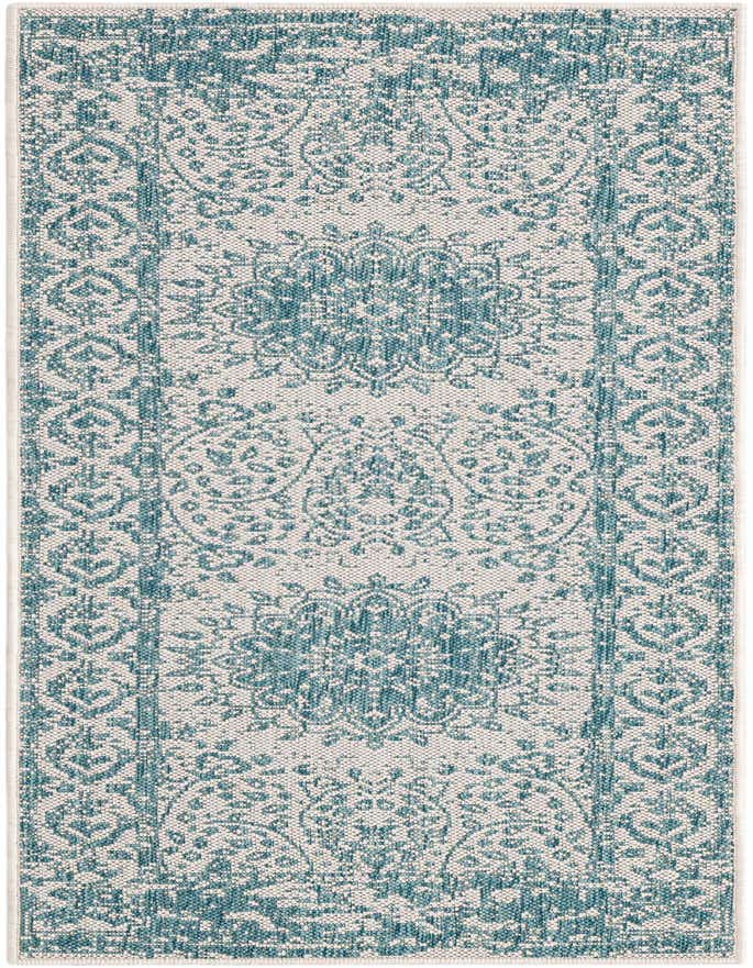 A 6 ft runner rug with a blue and off-white vintage medallion and border pattern, suitable for hallways or patios.