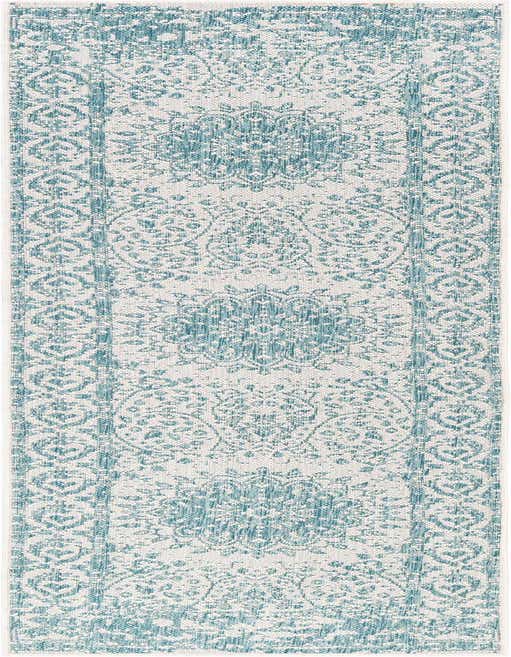 An 8 ft runner rug in shades of blue and white, featuring a vintage medallion and traditional pattern, suitable for hallways or patios.