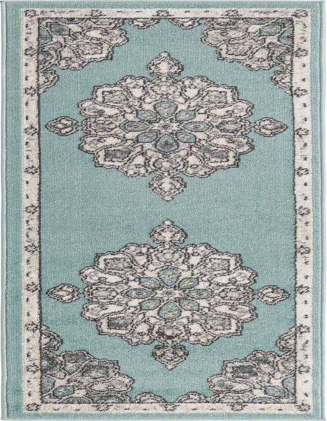A 6 ft runner rug with a light blue background and a distressed traditional medallion pattern in cream, gray, and black.