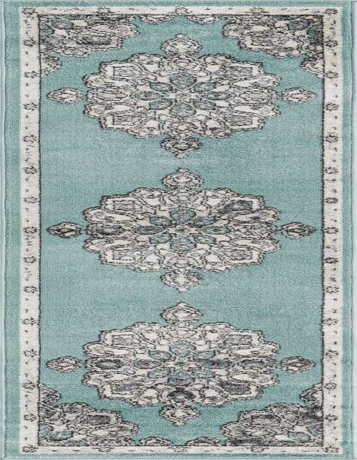 A long 8 ft runner rug from the Parker collection, featuring a traditional blue background with vintage white and gray medallion patterns, ideal for a hallway or kitchen.