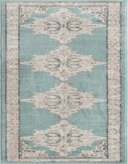 A 12 ft runner rug from the Parker collection, featuring a traditional medallion pattern in shades of blue, cream, and gray.