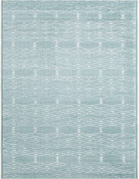 A 12 ft runner rug in light blue with a distressed white tribal trellis pattern, ideal for a hallway.