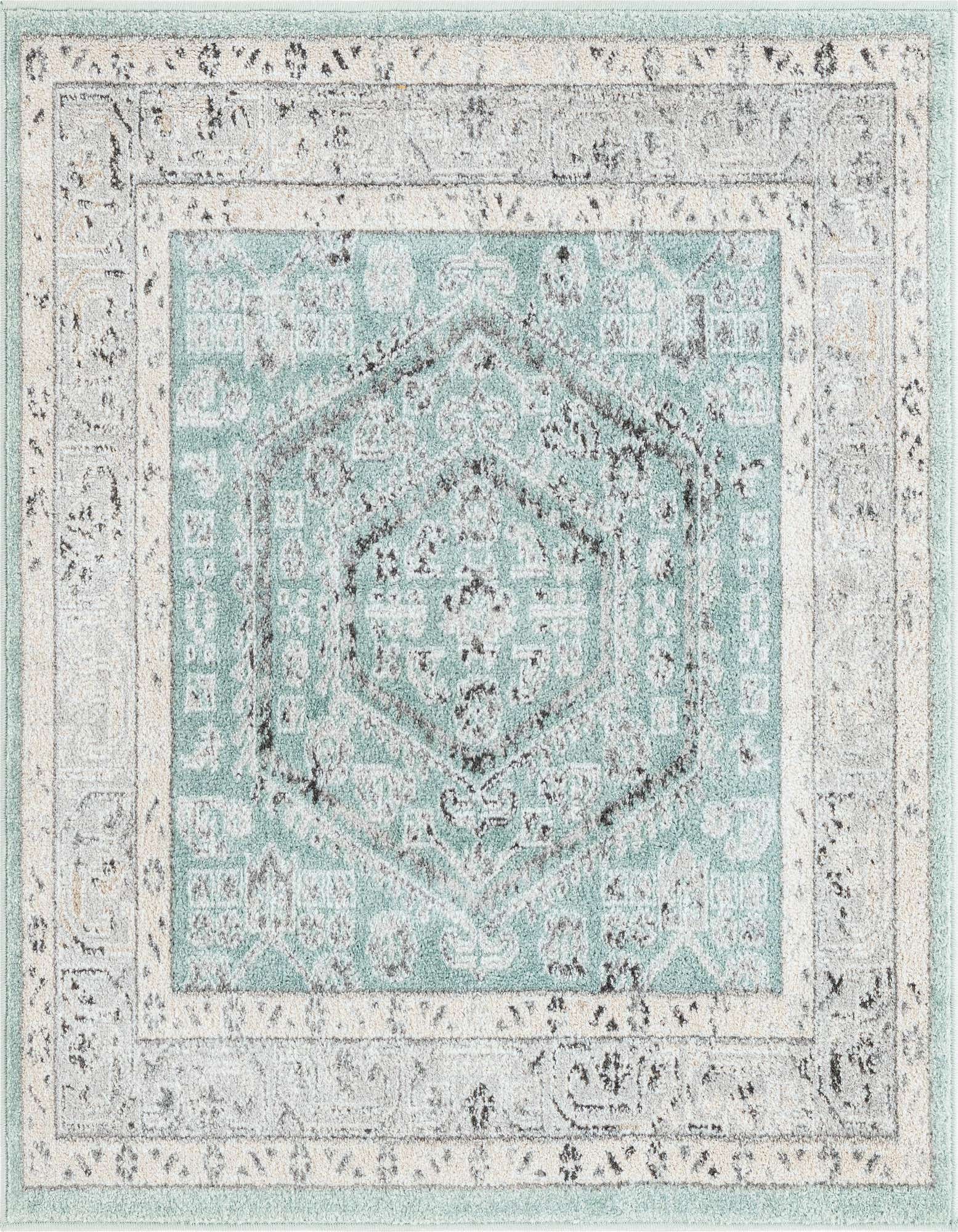 A 4'x4' square blue and grey traditional medallion area rug with a vintage-inspired pattern.
