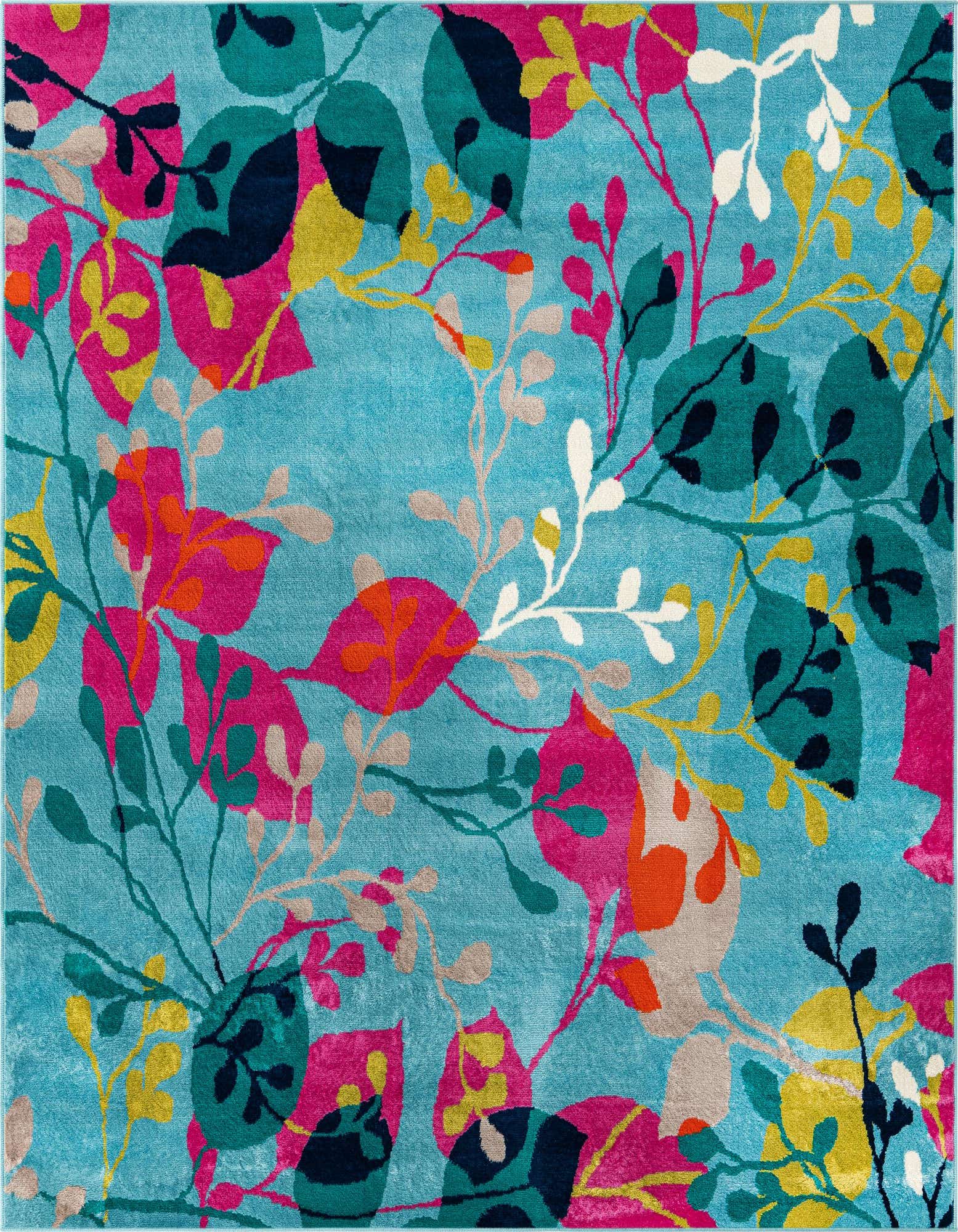 A vibrant 10' square rug featuring a modern floral pattern with large pink, teal, and yellow leaves on a bright blue background.