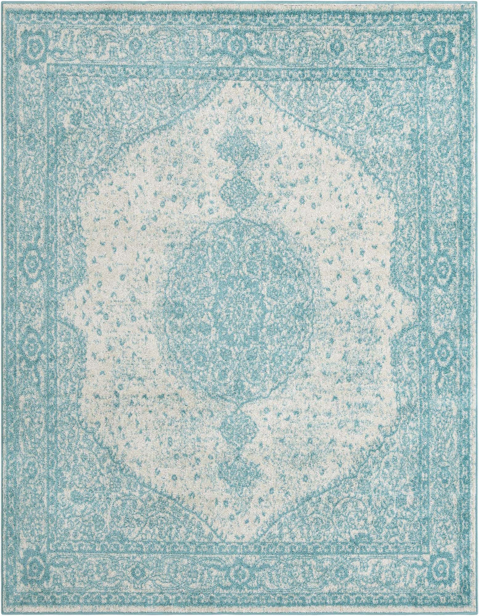A square 7' 10 x 7' 10 indoor rug featuring a distressed traditional pattern in shades of blue and off-white.