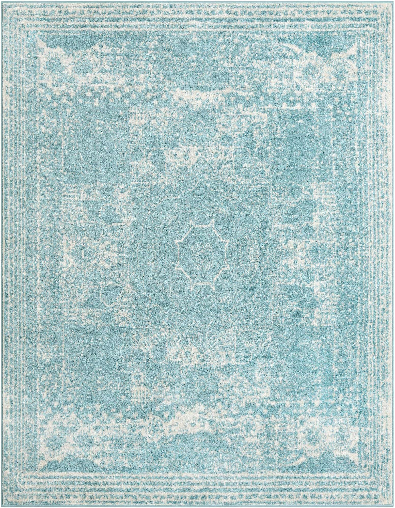 A square 7' 10 x 7' 10 blue and white distressed area rug with a faded traditional pattern and central medallion.