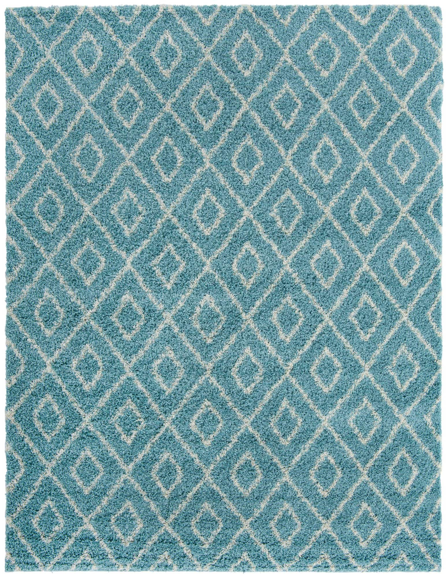 A square 10' 0 x 10' 0 blue shag rug with a white modern abstract lattice pattern, featuring a high/low textured pile.