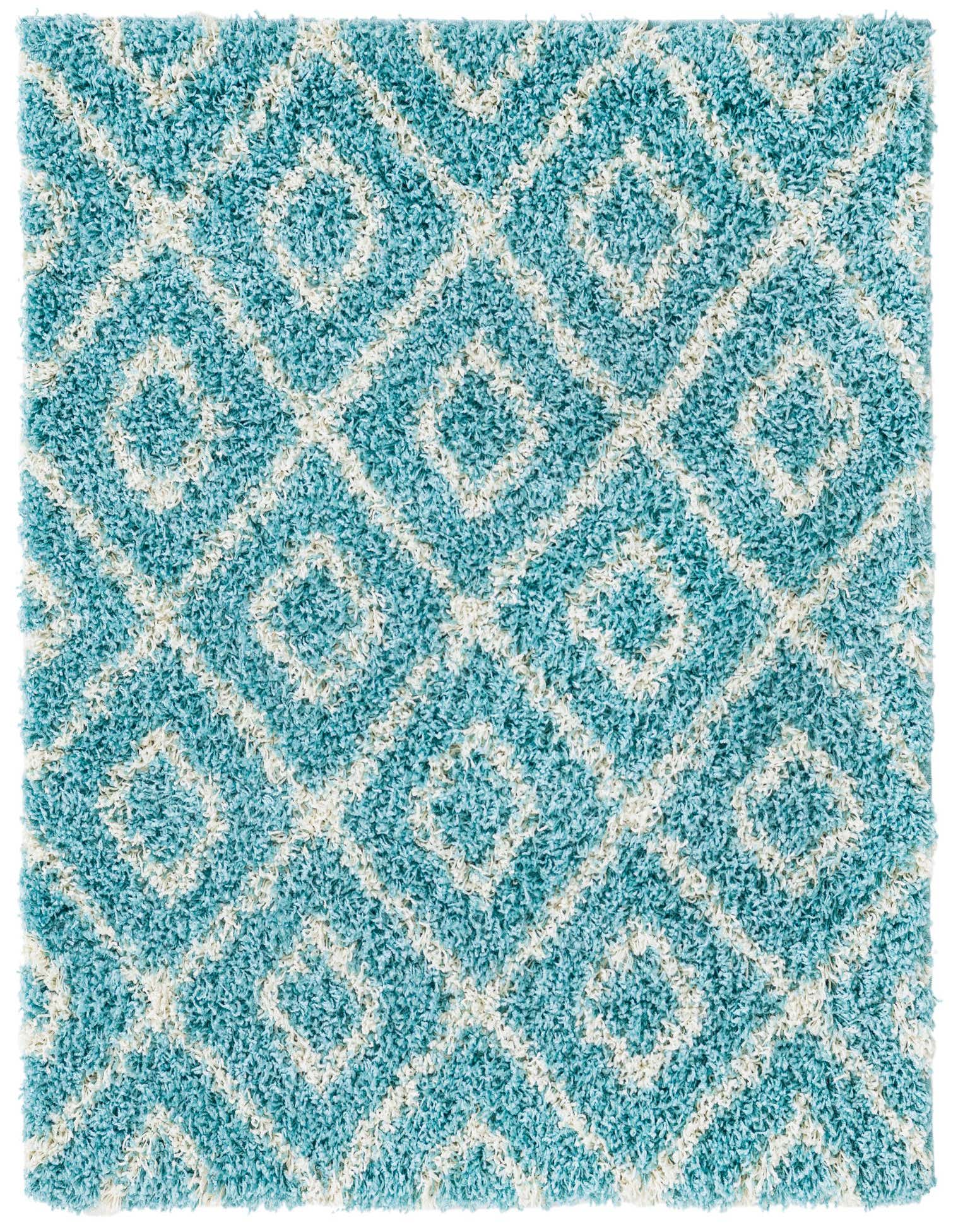A 4'x4' square blue and white shag rug featuring a modern trellis pattern with a textured high/low pile.
