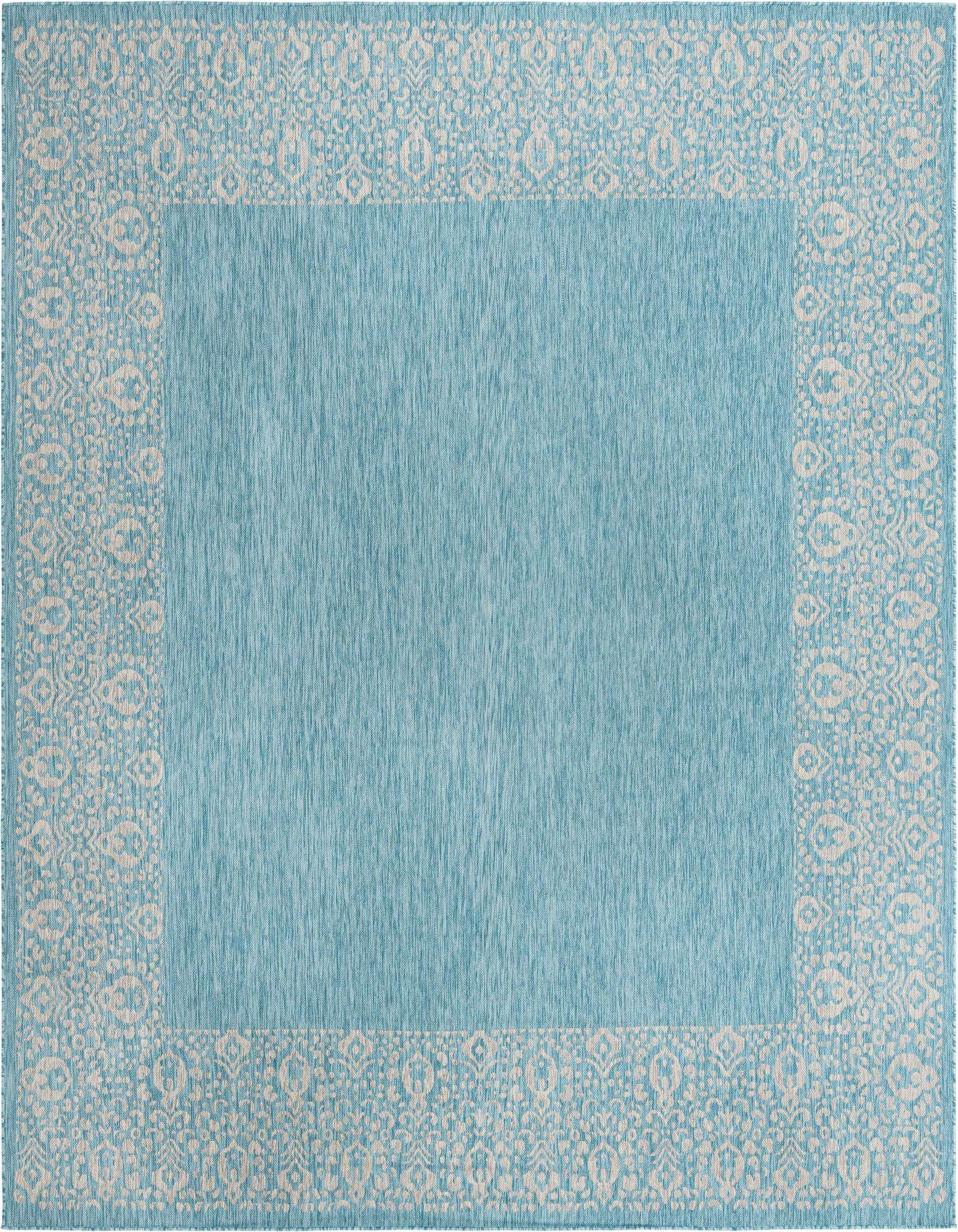 A 10' 8 x 10' 8 square blue indoor/outdoor rug with a light beige modern vintage border pattern.