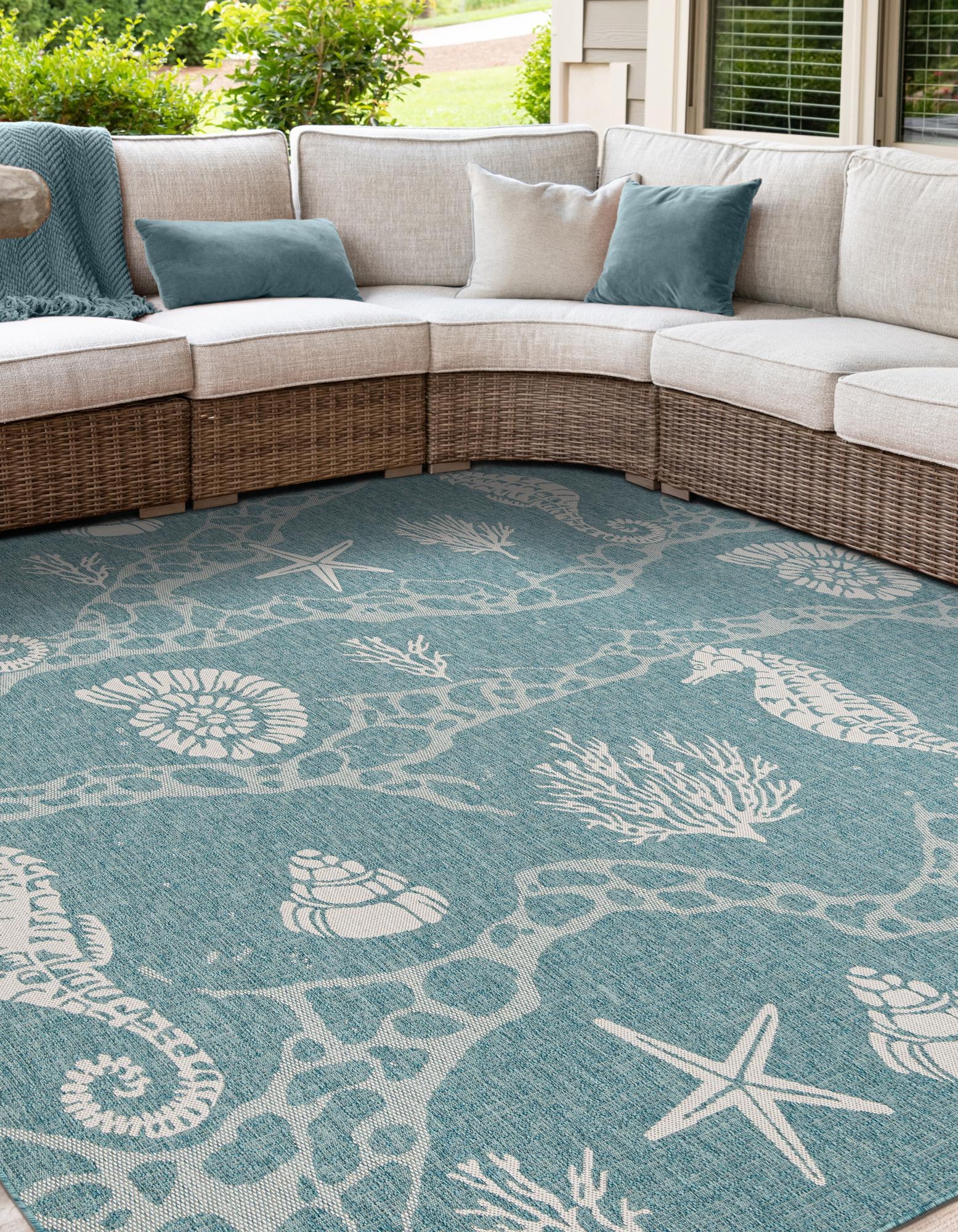 Aqua 7' 10 x 7' 10 Coastal Indoor / Outdoor Square Rug | Rugs.com